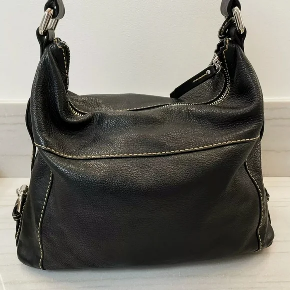 Fossil Black Pebbled Leather Hobo Satchel Tote Bag with Silver Key Charm - Picture 8 of 11